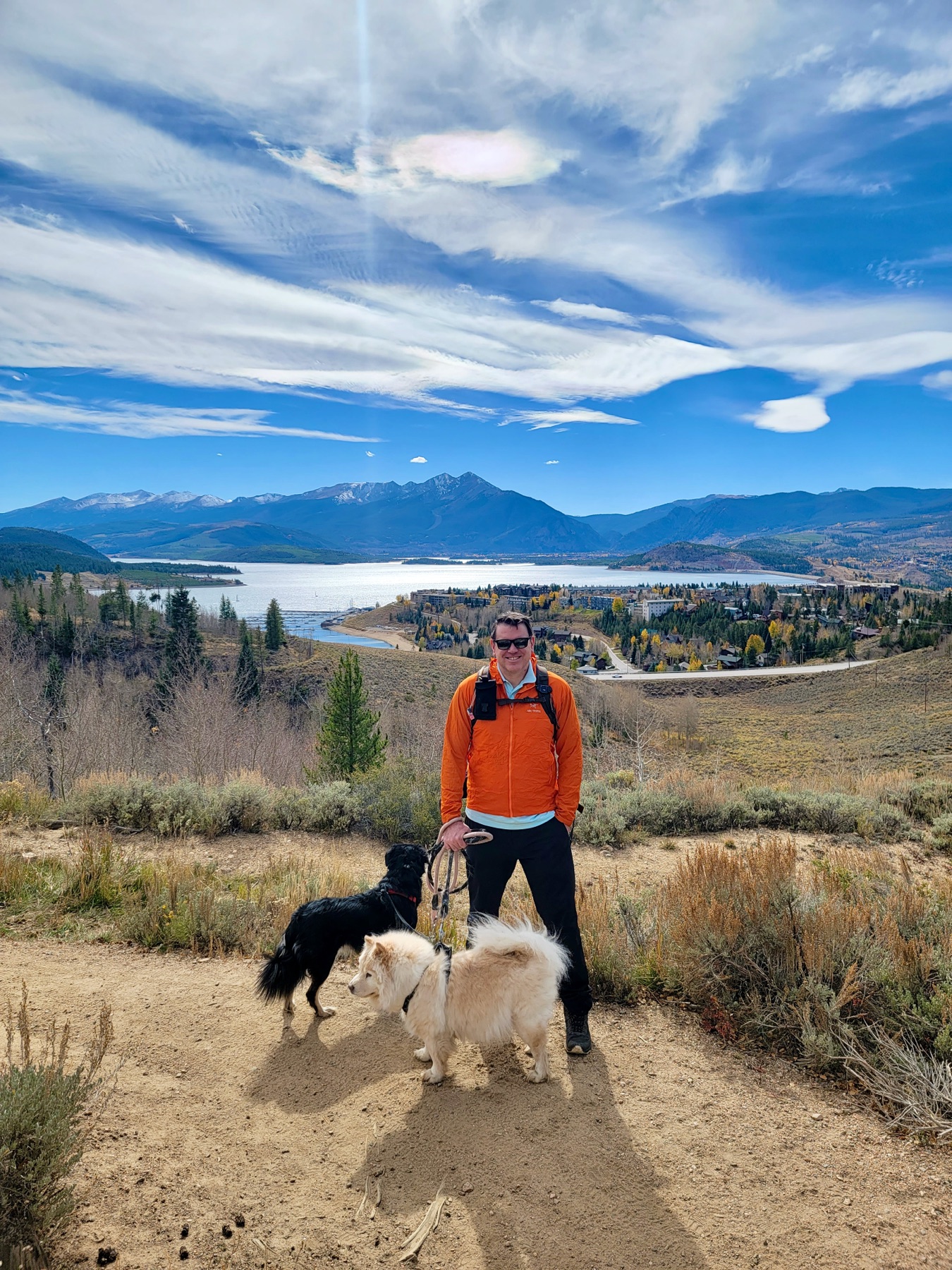 Colorado mountain view with Chris and two dogs